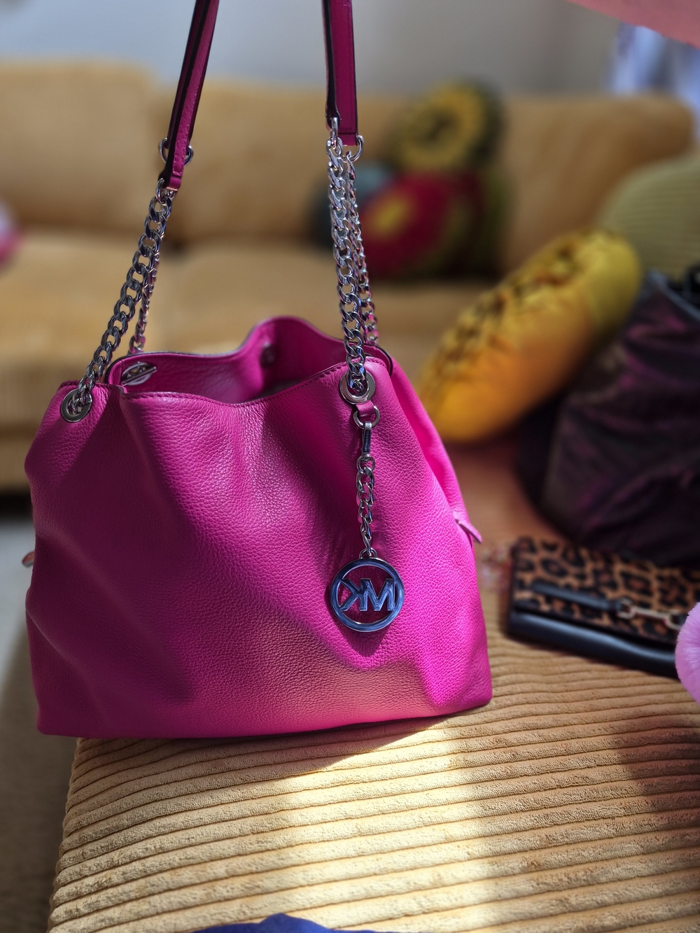 Michael Kors Hot Pink Pebbled Leather Shoulder Bag with Silver Chain-Link Straps - Picture 6 of 16